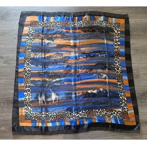 Safari Animal Print‎ Scarf Giraffes Elephants Zebras Blue Orange Black Silk Feel
